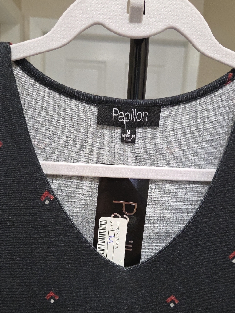 NWT Papillon Blanc Black Geometric Print Knit Dress | V-Neck Long Sleeve Swing - Picture 3 of 8
